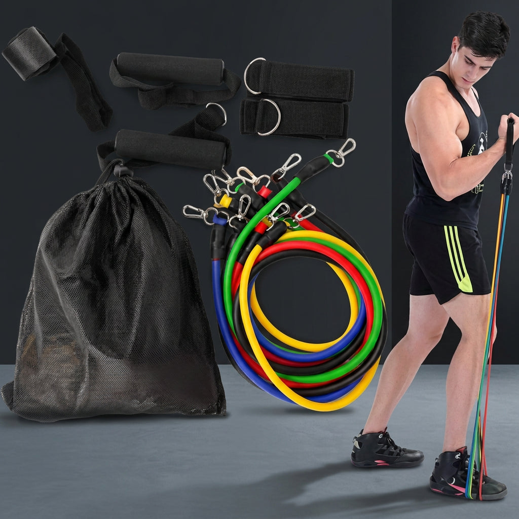 BasePlate 11-piece resistance band set with handles, straps, anchor, and carry bag